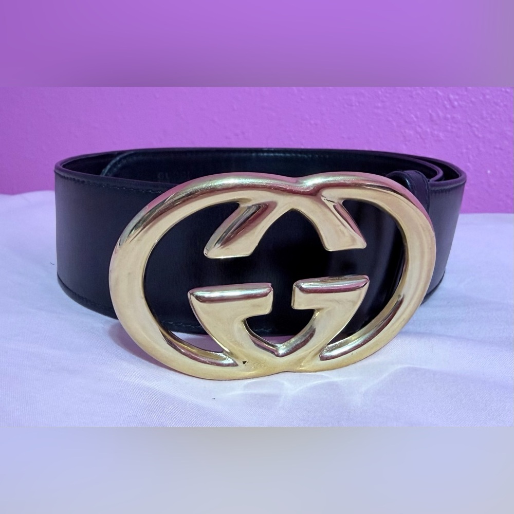 Authentic Gucci Black Belt with Gold Double G Buckle